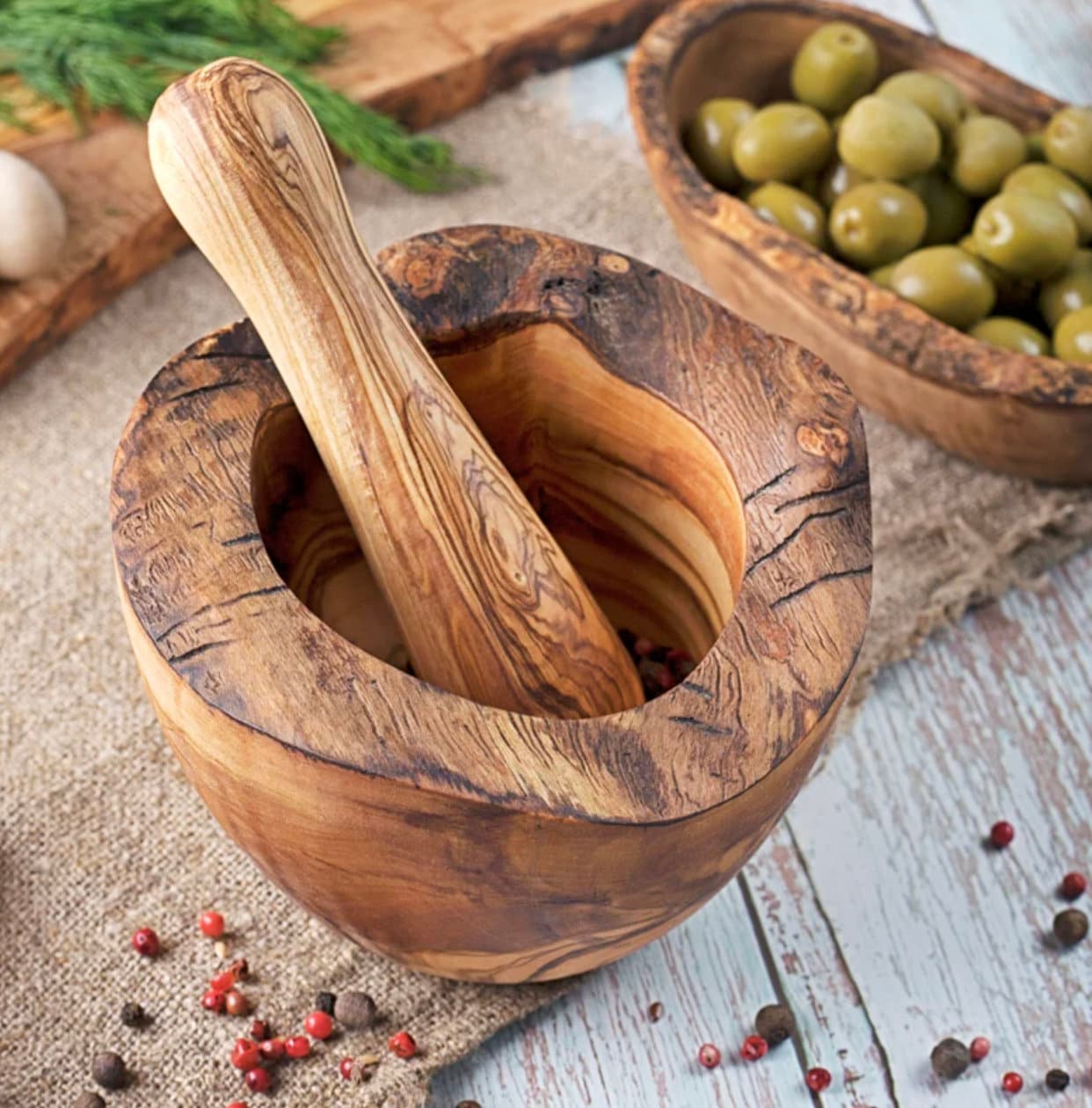 Rustic mortar Olive Wood Mortar and Pestle Set