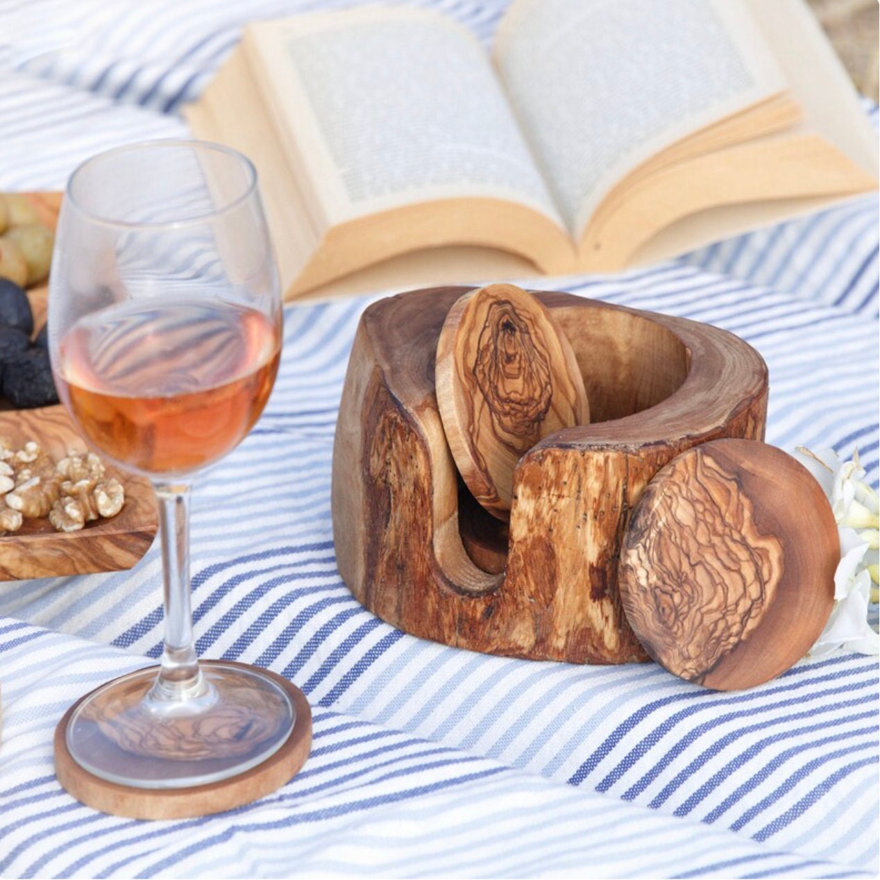 Set of 6 Rustic Olive Wood Coasters with Holder