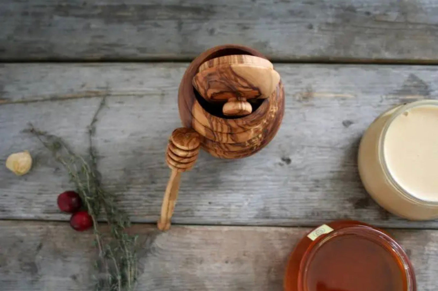 Olive Wood Honey Pot with Dipper