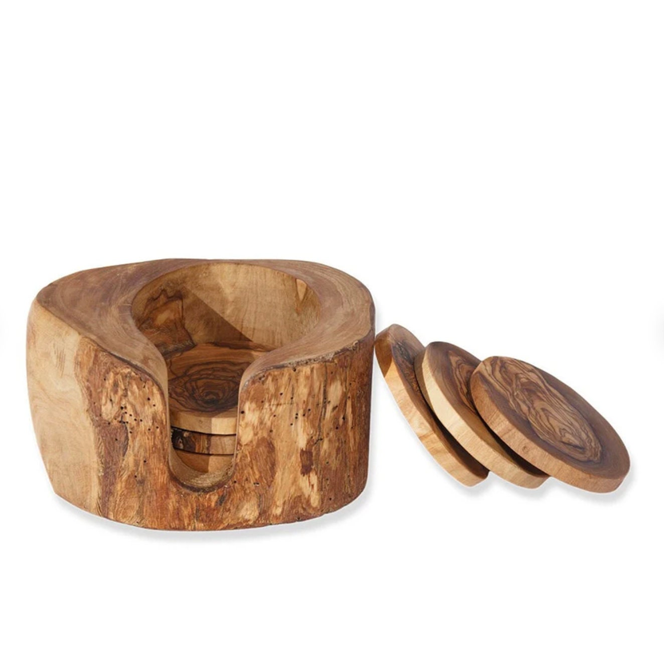 Set of 6 Rustic Olive Wood Coasters with Holder