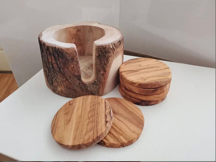 Set of 6 Rustic Olive Wood Coasters with Holder