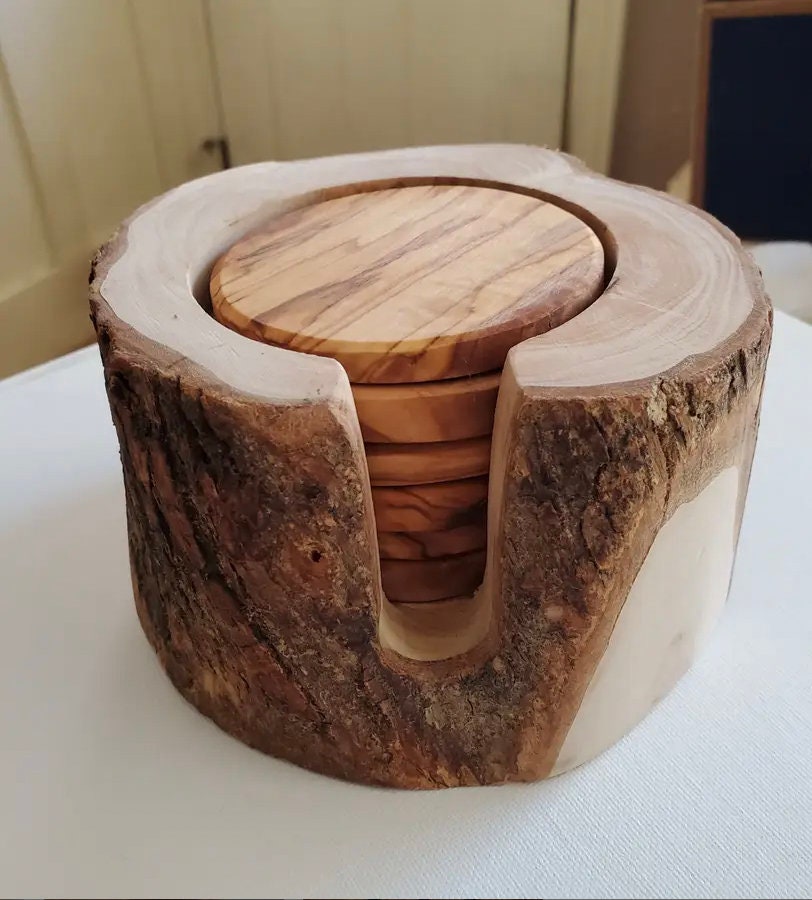 Set of 6 Rustic Olive Wood Coasters with Holder