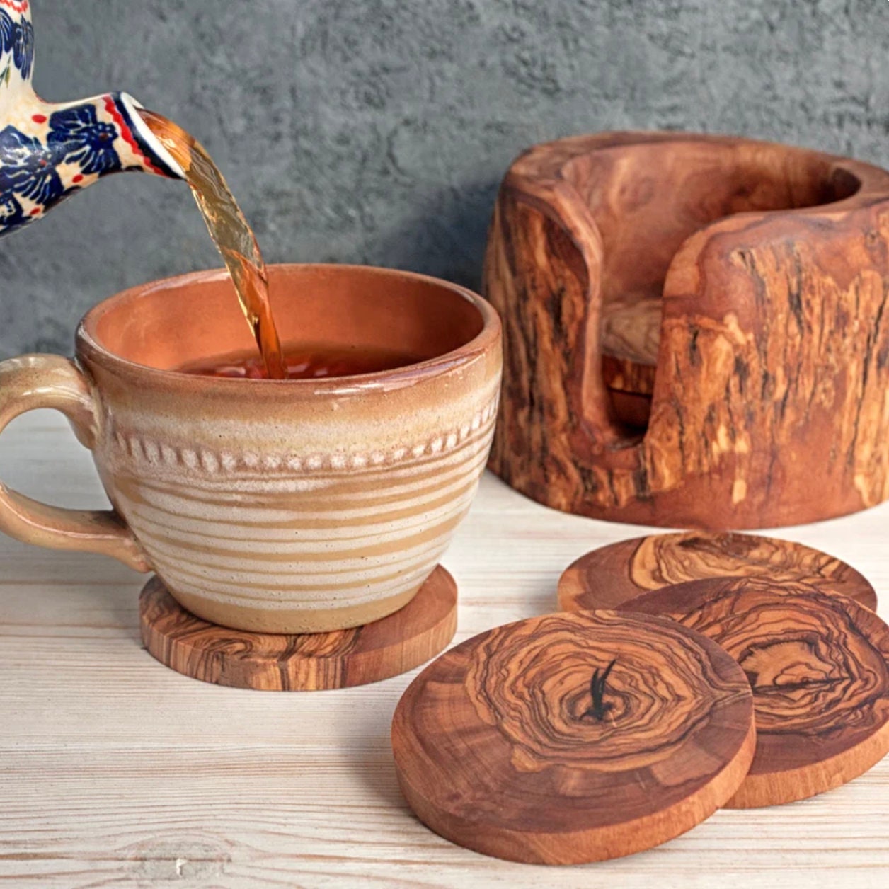 Set of 6 Rustic Olive Wood Coasters with Holder