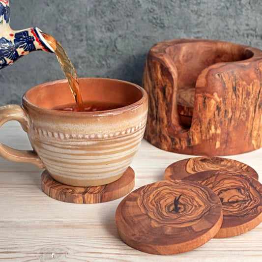 Set of 6 Rustic Olive Wood Coasters with Holder