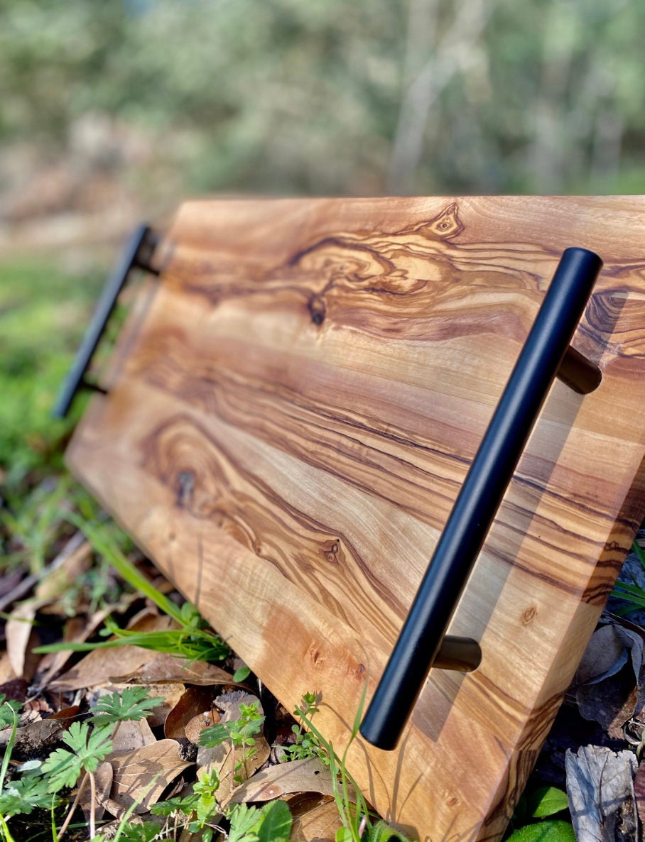 Rectangle Olive Wood Tray With Black Handles