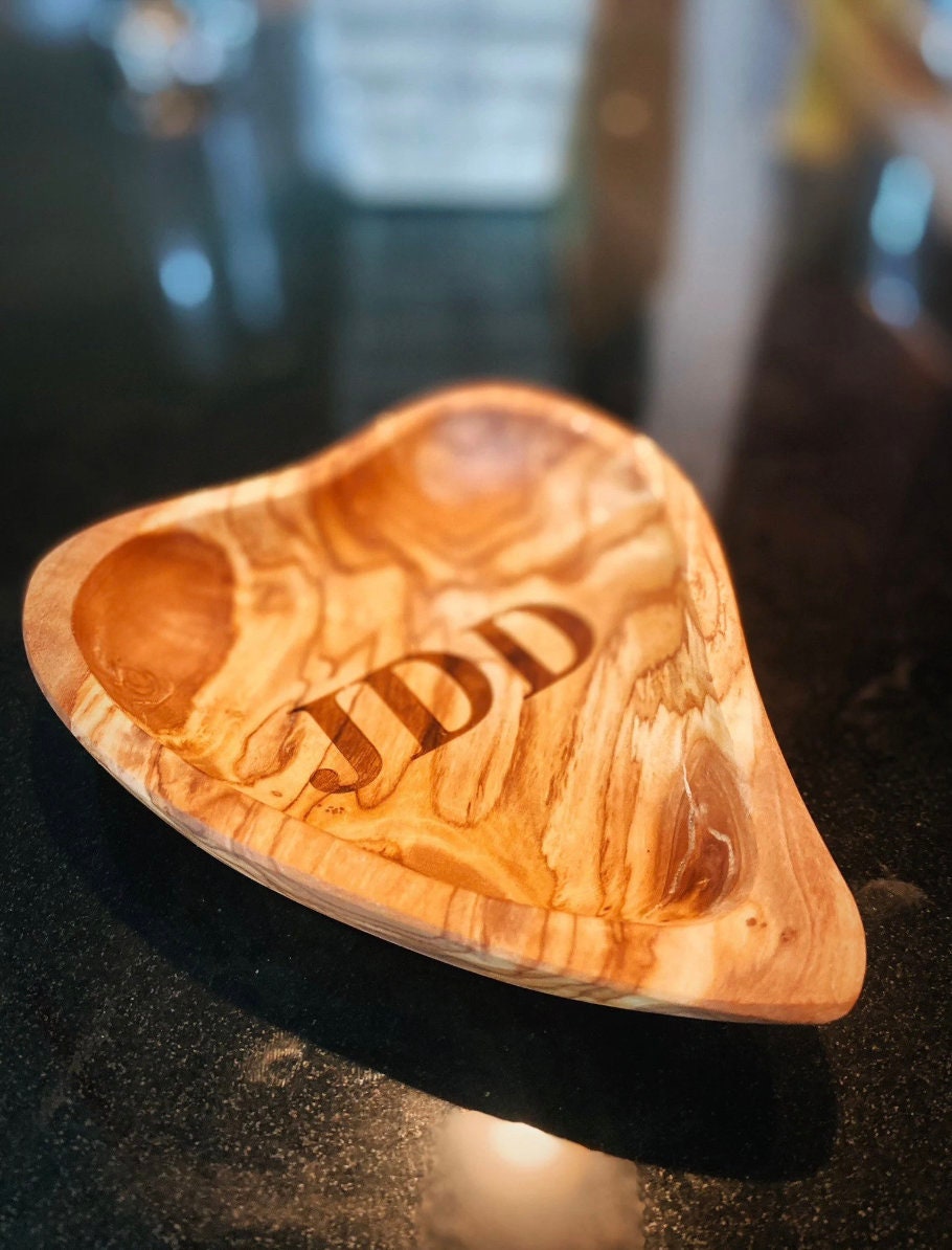 Custom Engraved Olive Wood Heart Shaped Bowl