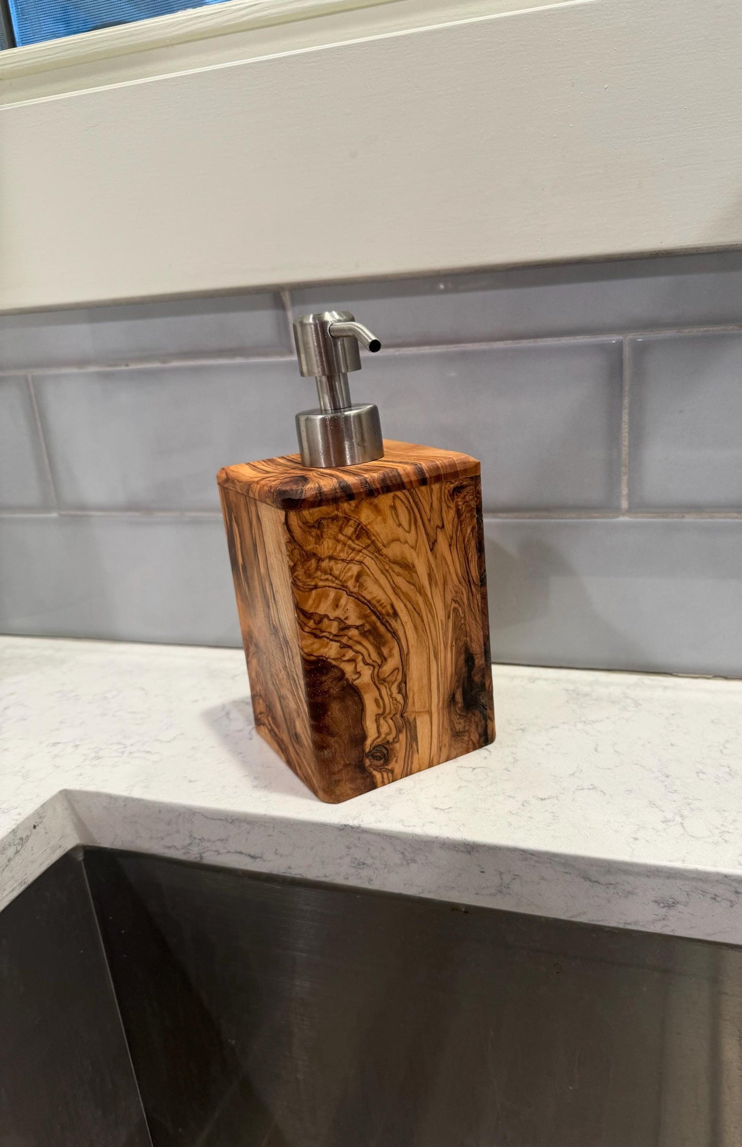 Olive Wood Soap Dispenser with Metal Head