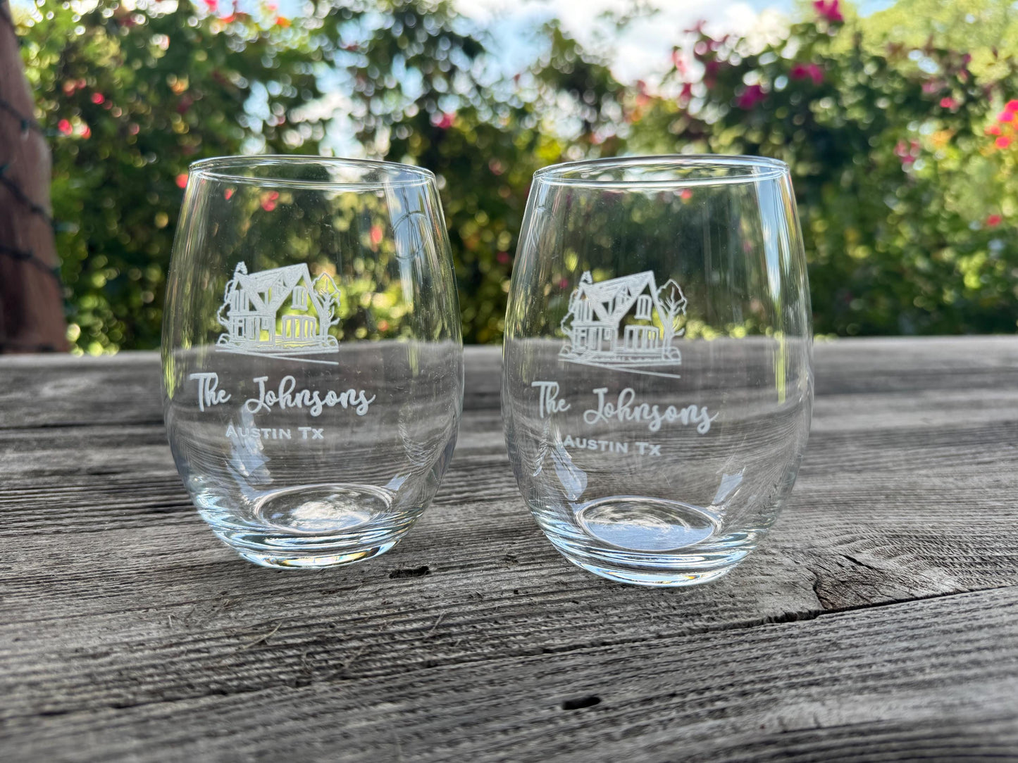 Custom Home Family Name Stemless Wine Glasses