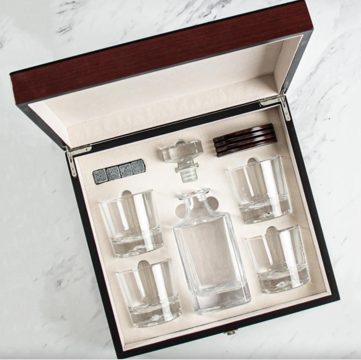 Luxury Cherrywood Whiskey Glasses + Decanter Wooden Box Set