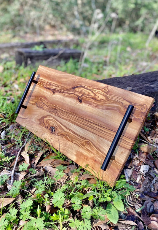 Rectangle Olive Wood Tray With Black Handles