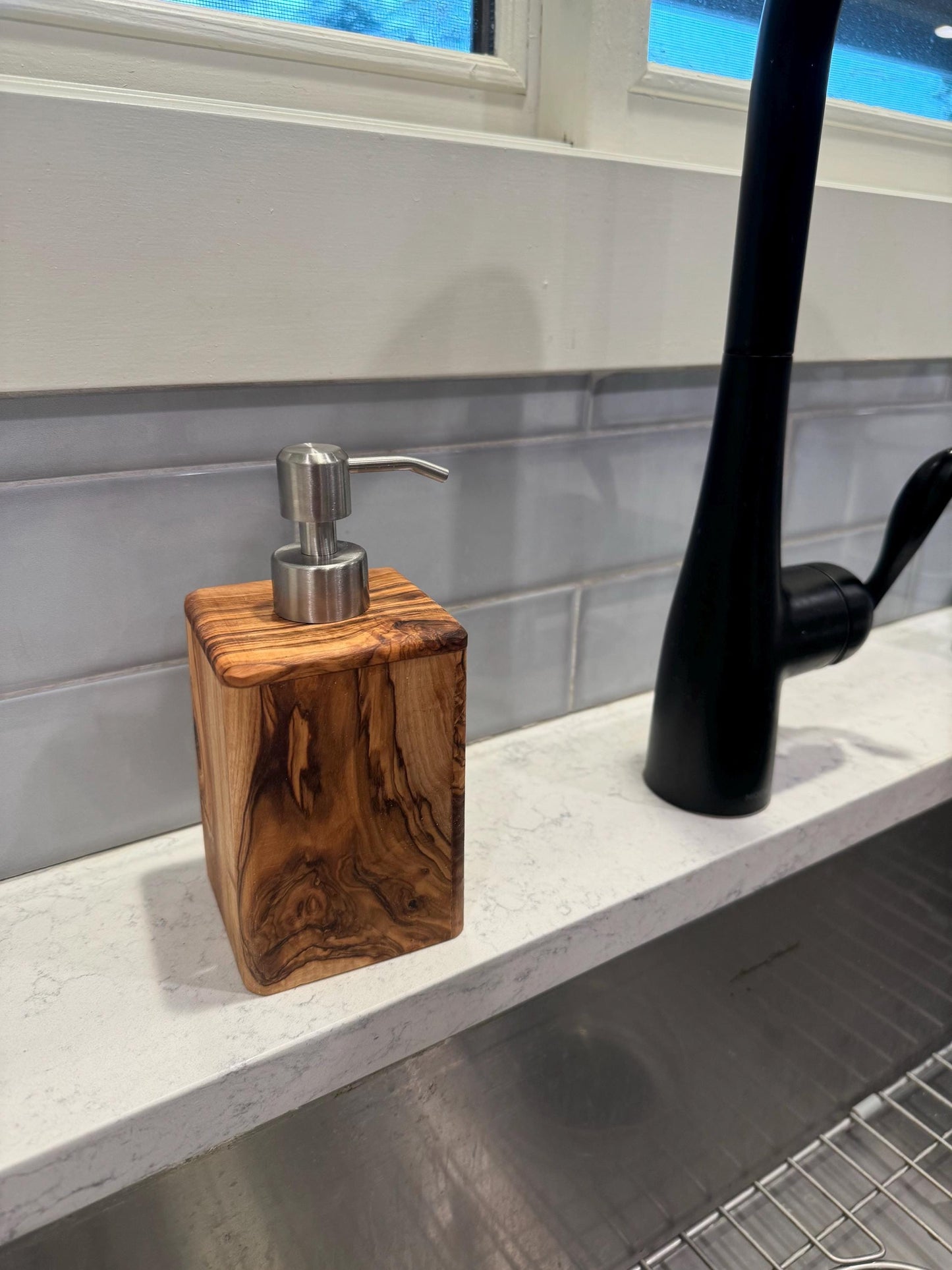 Olive Wood Soap Dispenser with Metal Head