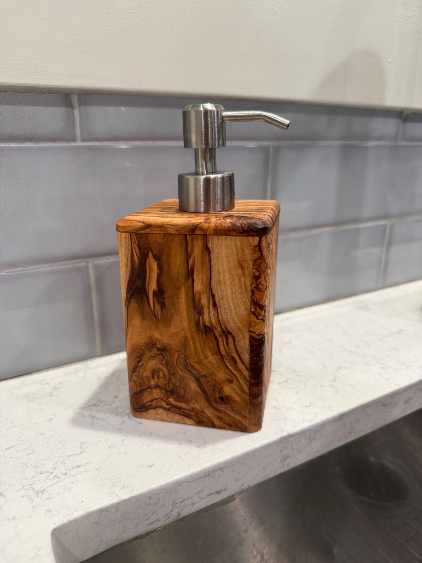 Olive Wood Soap Dispenser with Metal Head