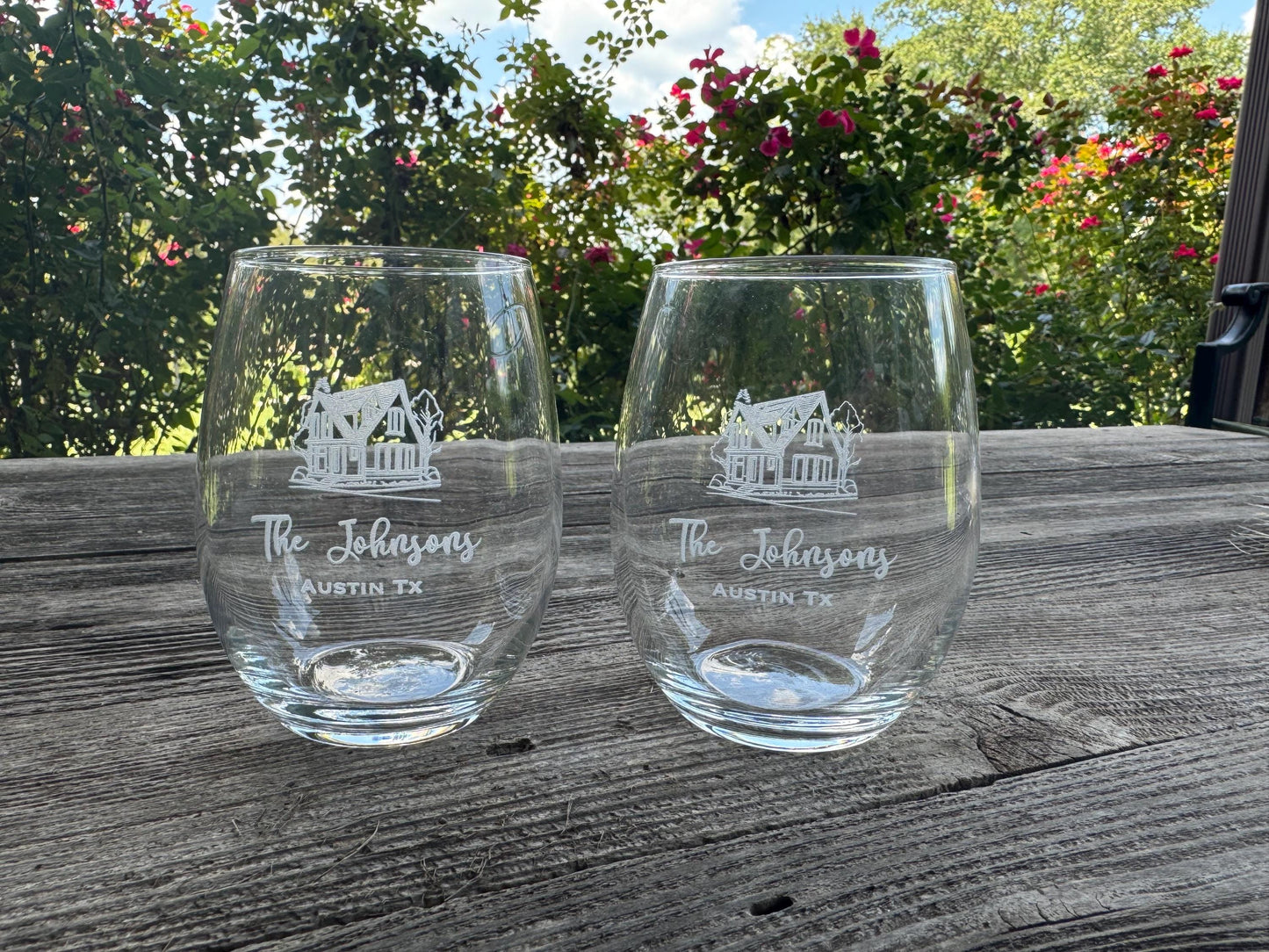 Custom Home Family Name Stemless Wine Glasses