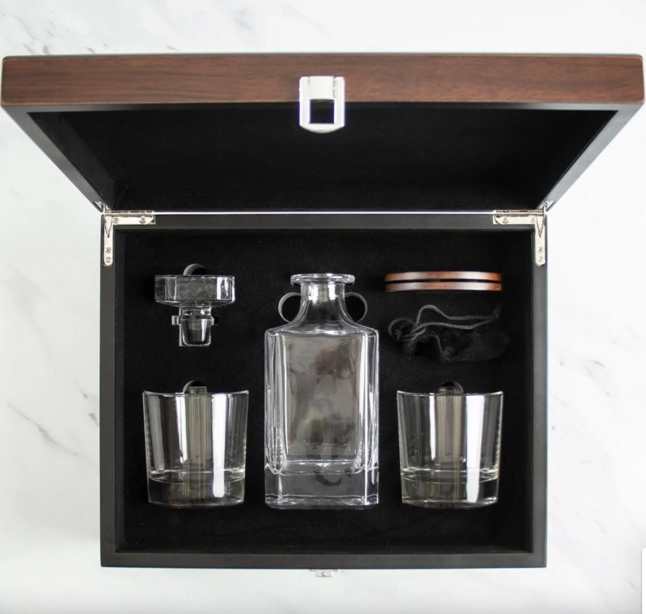 Luxury Hardwood Whiskey Glasses + Decanter Wooden Box Set