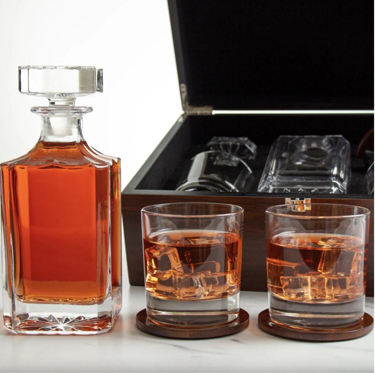 Luxury Hardwood Whiskey Glasses + Decanter Wooden Box Set