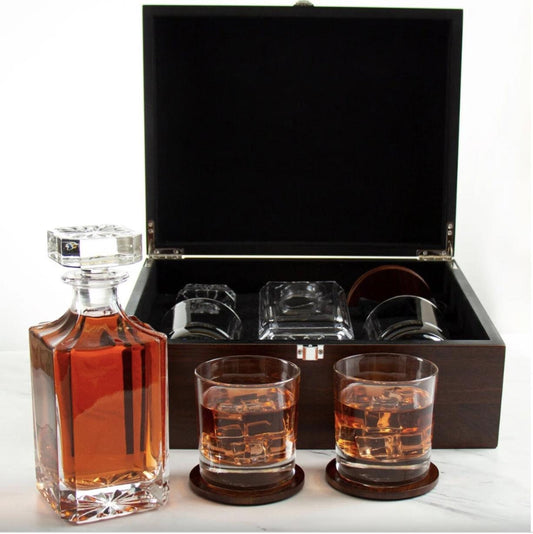 Luxury Hardwood Whiskey Glasses + Decanter Wooden Box Set