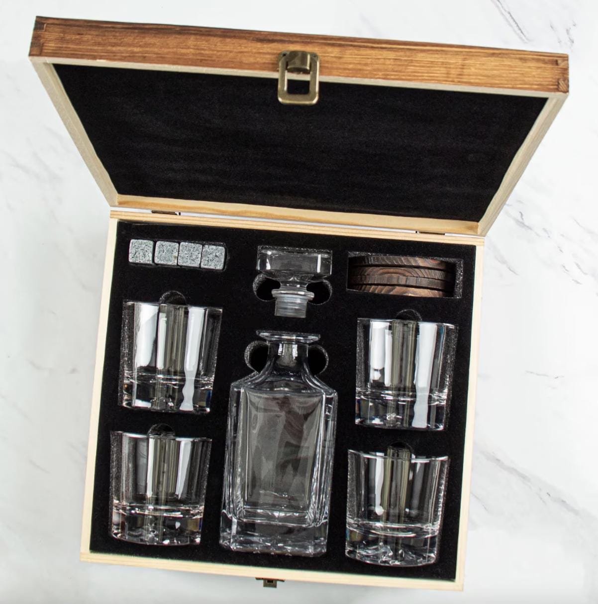 4 Whiskey Glasses + Decanter Wooden Box Set